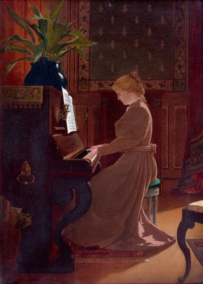 Henri TAUREL (1843-1927) Au piano Huile sur toile, signée en bas vers la gauche....