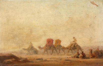 Henri DUVIEUX (1855-1902) La caravane Huile sur panneau signée en bas à droite. 14,5...