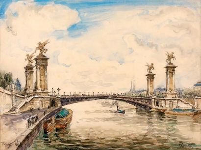 FRANK-WILL (1900-1951) Paris, la Seine au Pont Alexandre III Aquarelle, signée en...