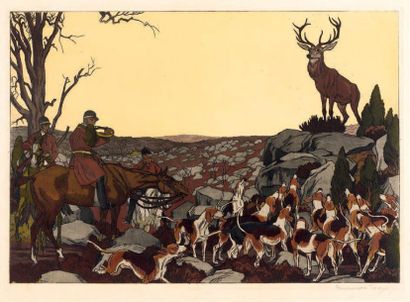 MAURICE TAQUOY Le Cerf-Hallali, 1912, eau-forte et aquatinte, 36 x 51 cm, marges...