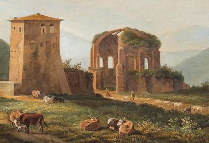 École FRANÇAISE du début du XIXe siècle Caprice italien avec les ruines du temple...