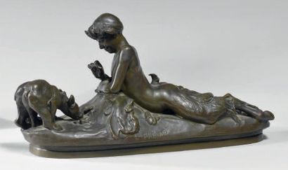 Emmanuel Fremiet (1824-1910) Jeune faune jouant avec deux oursons. Épreuve en bronze...