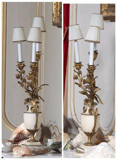 null Paire de candélabres-vases à trois lumières en marbre blanc et bronze doré reposant...