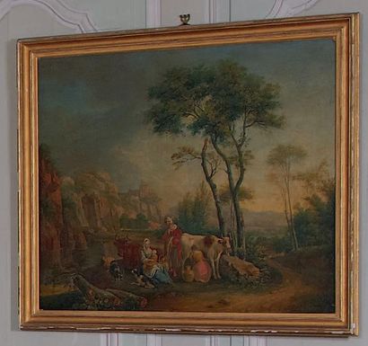 École FRANÇAISE du XVIIIe siècle Bergères et troupeau dans un paysage Huile sur toile,...