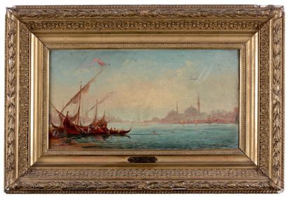 Antoine DURY (1819 - après 1878) Vue du Bosphore Huile sur panneau. 21 x 40 cm