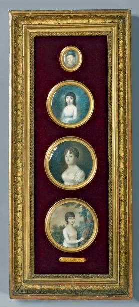 École FRANÇAISE du XVIIIe siècle Quatre miniatures sur un même montage: Portrait...