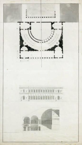 Attribué à Paul DURAND Projet pour un lycée Plume, crayon, lavis. 40 x 23 cm