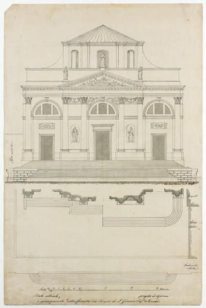 L. URBANI Projet pour la façade de l'église S. Geremie à Venise Plume, lavis gris....