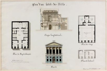 V. D. HALLUIN Plan d'un hôtel de ville Plume, lavis, aquarelle. Signé, daté 1850...