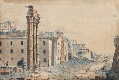 École ITALIENNE de la fin du XVIIIe siècle Ruines romaines animées de personnages...