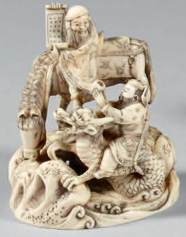 null Petit okimono en ivoire dans le style des netsuke, représentant la légende de...