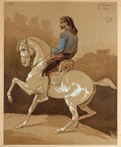 E. THÉVENIN Cavalier arabe, daté 14 février 63 Aquarelle sur papier bis rehaussé...