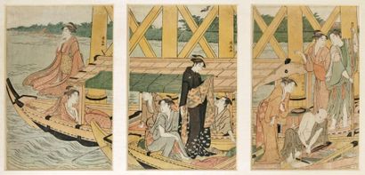 Torii Kiyonaga (1752-1815) Triptyque oban tate-e représentant des jeunes femmes en...