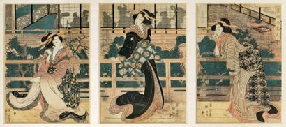 KIKUGAWA EIZAN (1787-1867) Tryptique oban tate-e, trois jeunes femmes accoudés à...