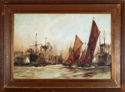 Charles Edward DIXON (1872-1934) Le port de Londres Aquarelle avec rehauts, gommée,...