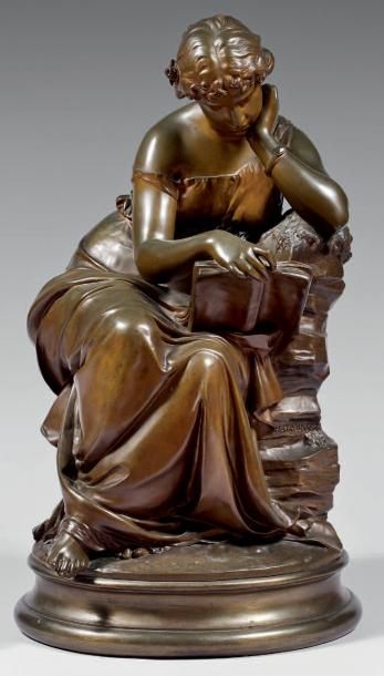 Émile François CHATROUSSE (1829-1896) La lecture Grande statuette en bronze patiné,...