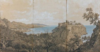 EDOUARD HOSTEIN (1804-1889) Vue du palais de Monaco et de Monte-Carlo Plume, lavis...