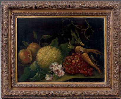 Ecole Italienne du XVIIIe siècle Nature morte de fleurs, fruits et légumes Huile...