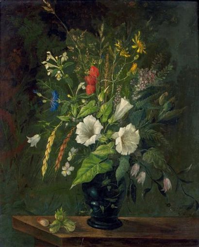 ÉCOLE FRANÇAISE du milieu du XIXe siècle Bouquet de fleurs dans un vase Huile sur...