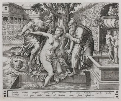 Pieter van der HEYDEN Suzanne au bain et les deux vieillards, burin d'après F. Floris,...