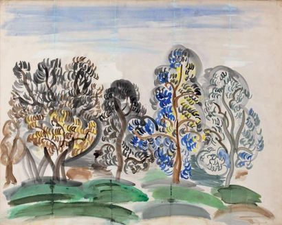 Raoul DUFY (1877-1953) Les oliviers Gouache, signée en bas à droite. (Pliures et...