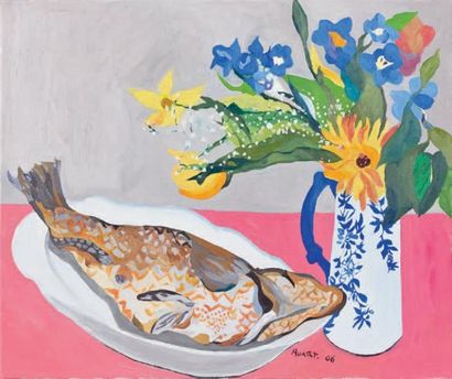 Claude HUART (né en 1931) La vieille aux fleurs, 2006 Huile sur toile, signée et...