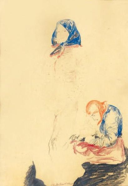 PHILIPPE MALIAVINE (1869-1940) Deux paysannes Dessin aux crayons de couleurs, signé...