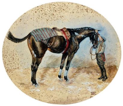 Élie de la MORINIÈRE dit Franck ÉLIM Deauville, lad sellant un cheval au box Gouache...