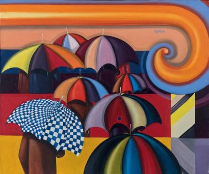 Georges PAINEAU (né en 1939) Parapluies Huile sur toile, signée vers le haut vers...