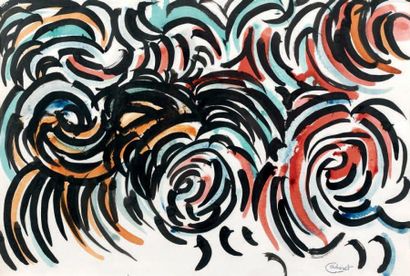 MICHEL CADORET (1912-1985) Composition rouge et bleue Gouache et encre, porte le...