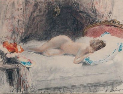Antoine CALBET (1860-1944) Le modèle endormi Technique mixte sur papier, signée en...