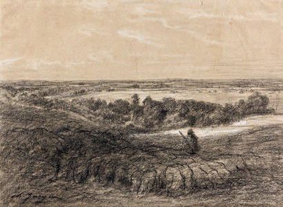Charles Emile JACQUE (1813-1894) Le berger Fusain et estompe rehaussé de craie blanche,...