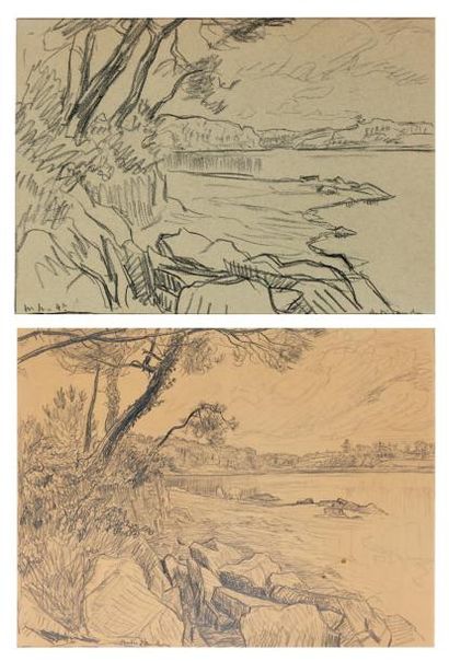 André DAUCHEZ (1870-1948) Côte rocheuse Deux dessins au crayon noir, dans un même...