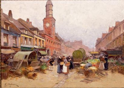 Eugène GALIANY (1854-1941) Au marché Huile sur toile, signée en bas à gauche. 34...