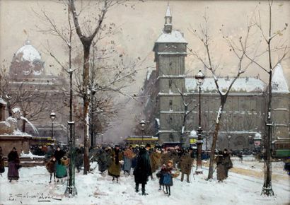 EUGÈNE GALIEN LALOUE (1854-1941) Paris, le Palais de justice sous la neige Gouache,...