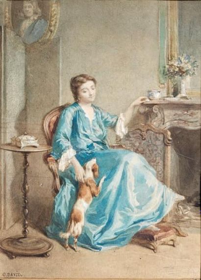 Gustave DAVID (1824-1891) La récompense Aquarelle rehaussée de gouache, signée en...