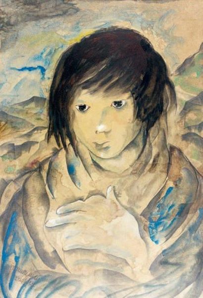 Mariette LYDIS (1887-1970) Fillette au châle bleu, 1927 Aquarelle rehaussée de gouache...