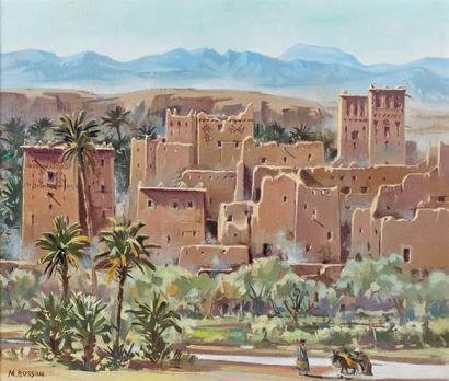 Marcel BUSSON (né en 1913) Village d'Afrique du nord Huile sur toile marouflée sur...