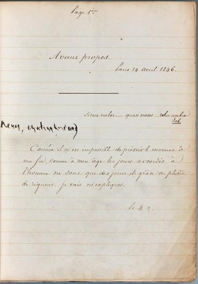 CHATEAUBRIAND (François-René de) Manuscrit signé en deux endroits «Revu, Chateaubriand»,...