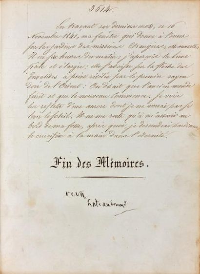 CHATEAUBRIAND (François-René de) Manuscrit signé en deux endroits «Revu, Chateaubriand»,...