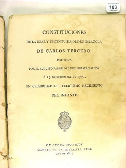 Espagne Ordre de Charles III, fondé en 1771, statuts imprimés, "Constitutiones de...