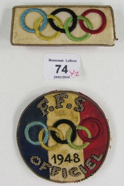 null Saint-Moritz 1948, Ve Jeux Olympiques d'hiver, deux insignes officiels en soie...