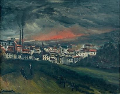 Maurice de Vlaminck (1876-1958) Ciel rouge sur les usines Huile sur toile, signée...