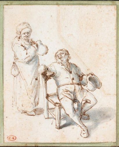 Atelier de Adriaen van OSTADE (1610-1684) Paysan assis, tenant une pipe, en conversation...