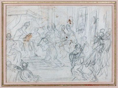 Ecole Romaine du XVIIe siècle Cérémonie papale Pierre noire. 17 x 23,5 cm Au verso:...