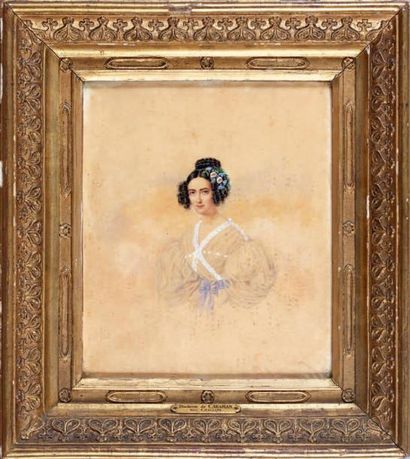 École Française du XIXe siècle Portrait de jeune femme Aquarelle, rehauts de blanc....