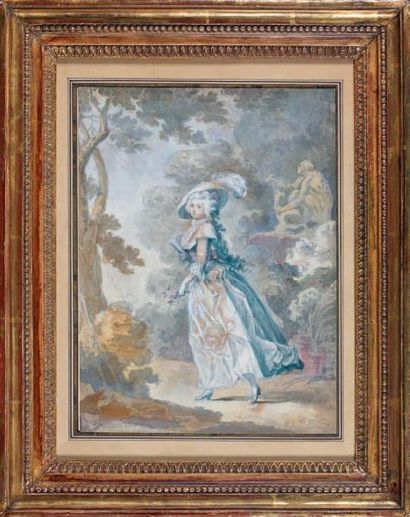 Attribué à Jean-Claude HOIN (1750-1817) Jeune femme dans un parc Aquarelle. 32,4...