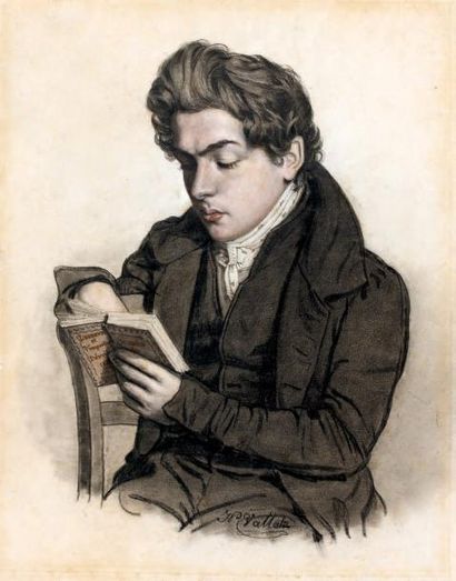 Jean-Pierre VALETTE (1809-1886) Portrait de jeune homme lisant Pierre noire, lavis,...