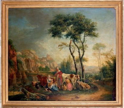 École FRANÇAISE du XVIIIe siècle Bergères et troupeau dans un paysage Huile sur toile,...