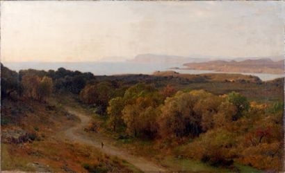 Alfred de CURZON (Moulinet, 1820 - Paris, 1895) Paysage, soleil levant (Grèce) Huile...